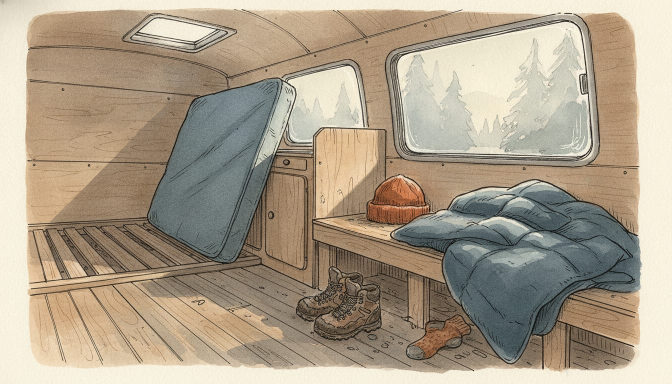 Matelas basculé sur la tranche et calé contre un meuble de van, sommier à lattes nu en dessous, lanterneau au plafond, buée sur la baie latérale, bonnet de laine et couette repliée sur la banquette, chaussures mouillées posées sur le plancher